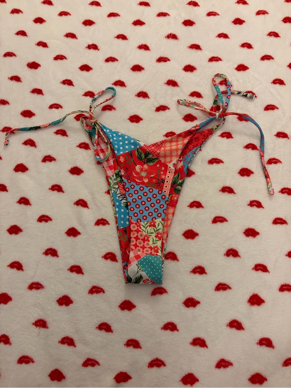 SHEIN Red & Blue Floral Patchwork Tie-Side Bikini Bottom